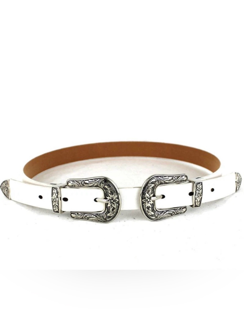 Sz M/L Pinto Ranch Double Silver Buckle White Western Leather Belt Boho